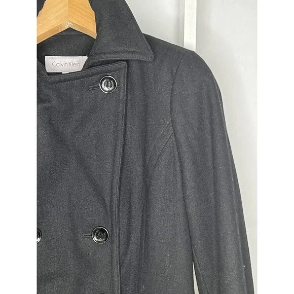 Calvin Klein Peacoat Womens 10 Black Jacket Wool Double Breasted Pocket Neck - Picture 6 of 16